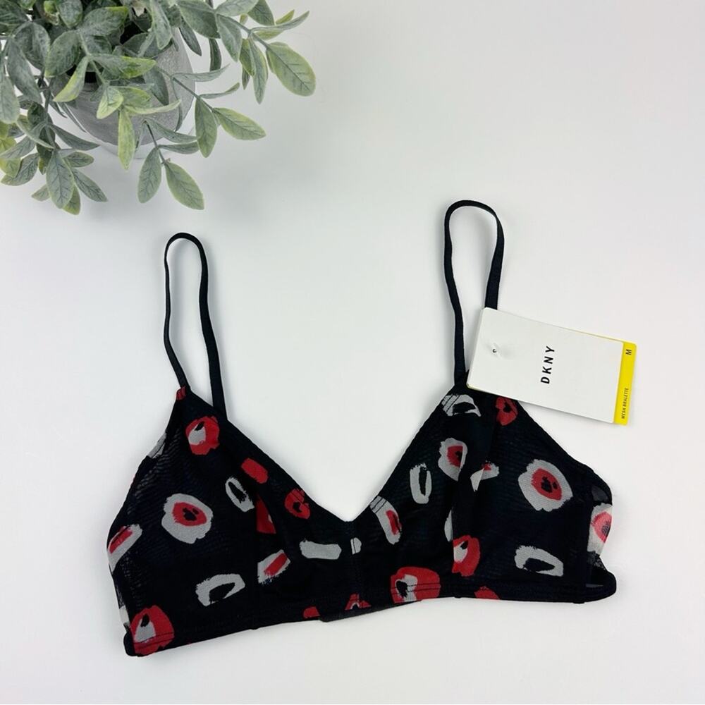 DKNY Printed Mesh Bralette Black and Red Graphic Print Size Medium